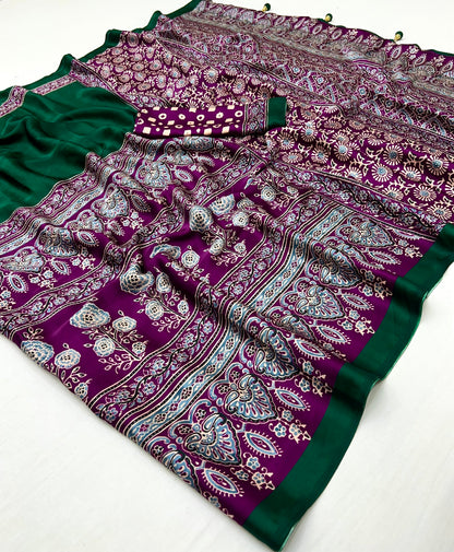 Emerald Green Semi Modal Traditional Printed Saree with Purple Border