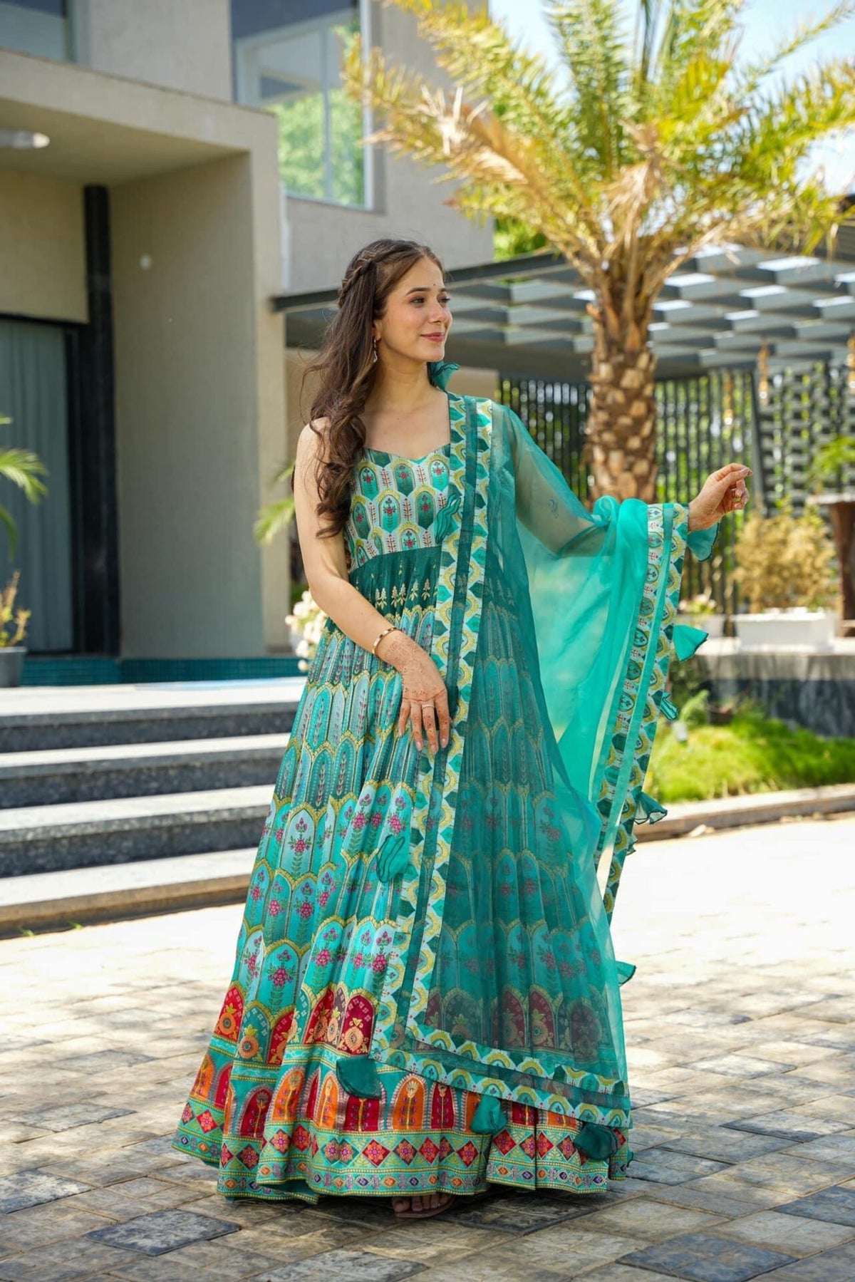 Green Pure Heavy Soft Silk Digital Printed Anarkali Gown
