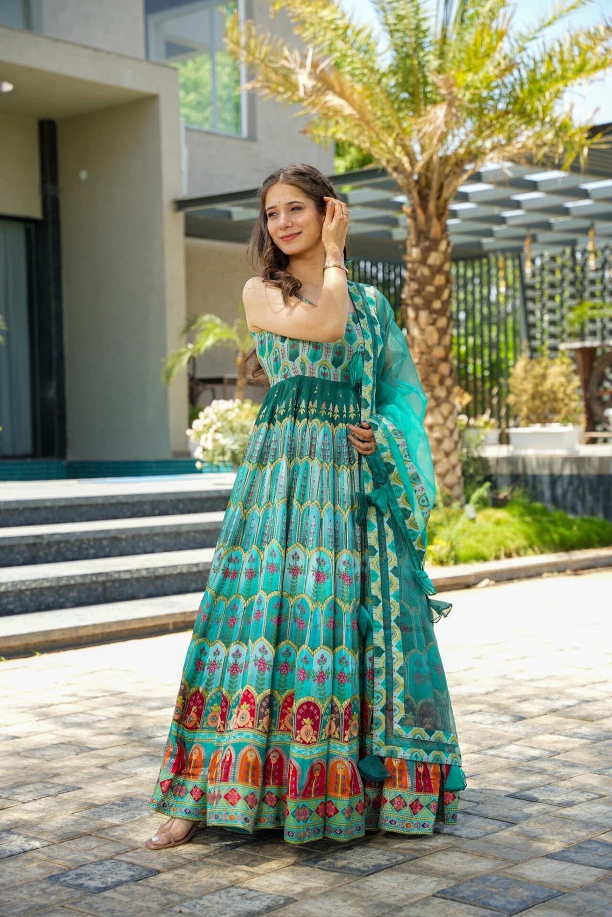 Green Pure Heavy Soft Silk Digital Printed Anarkali Gown