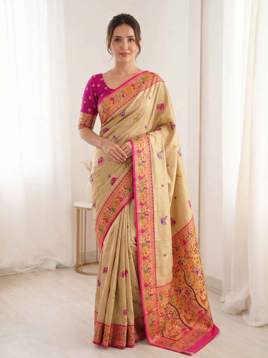 Cream Pure Soft Tissue Paithani Meenakari Pallu Peacock Border Soft Silk Saree