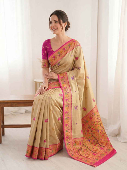 Cream Pure Soft Tissue Paithani Meenakari Pallu Peacock Border Soft Silk Saree