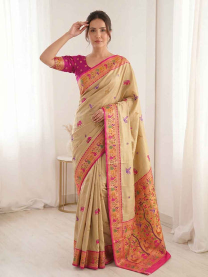 Cream Pure Soft Tissue Paithani Meenakari Pallu Peacock Border Soft Silk Saree