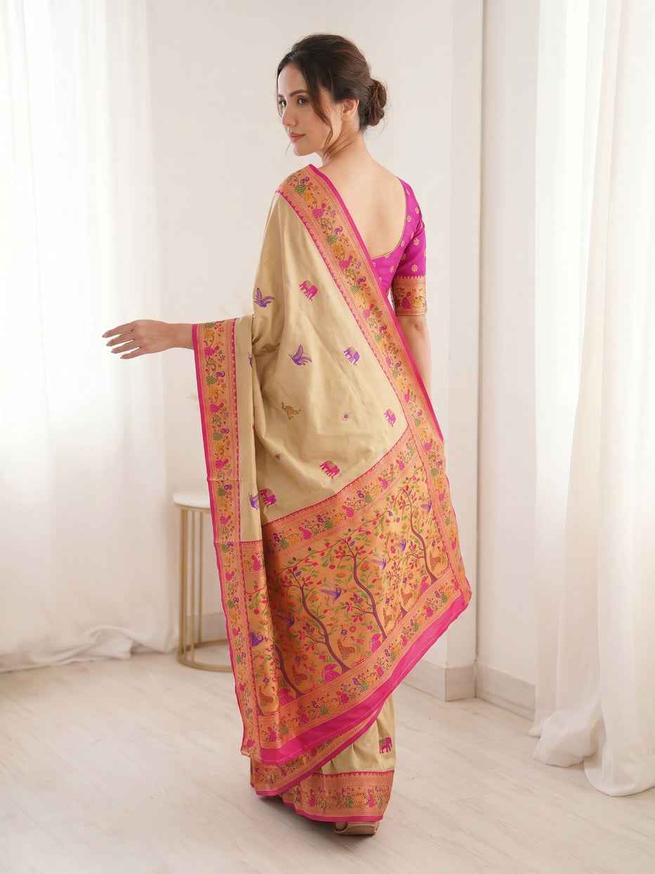 Cream Pure Soft Tissue Paithani Meenakari Pallu Peacock Border Soft Silk Saree