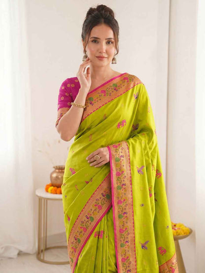 Mehendi Pure Soft Tissue Paithani Meenakari Pallu Peacock Border Soft Silk Saree