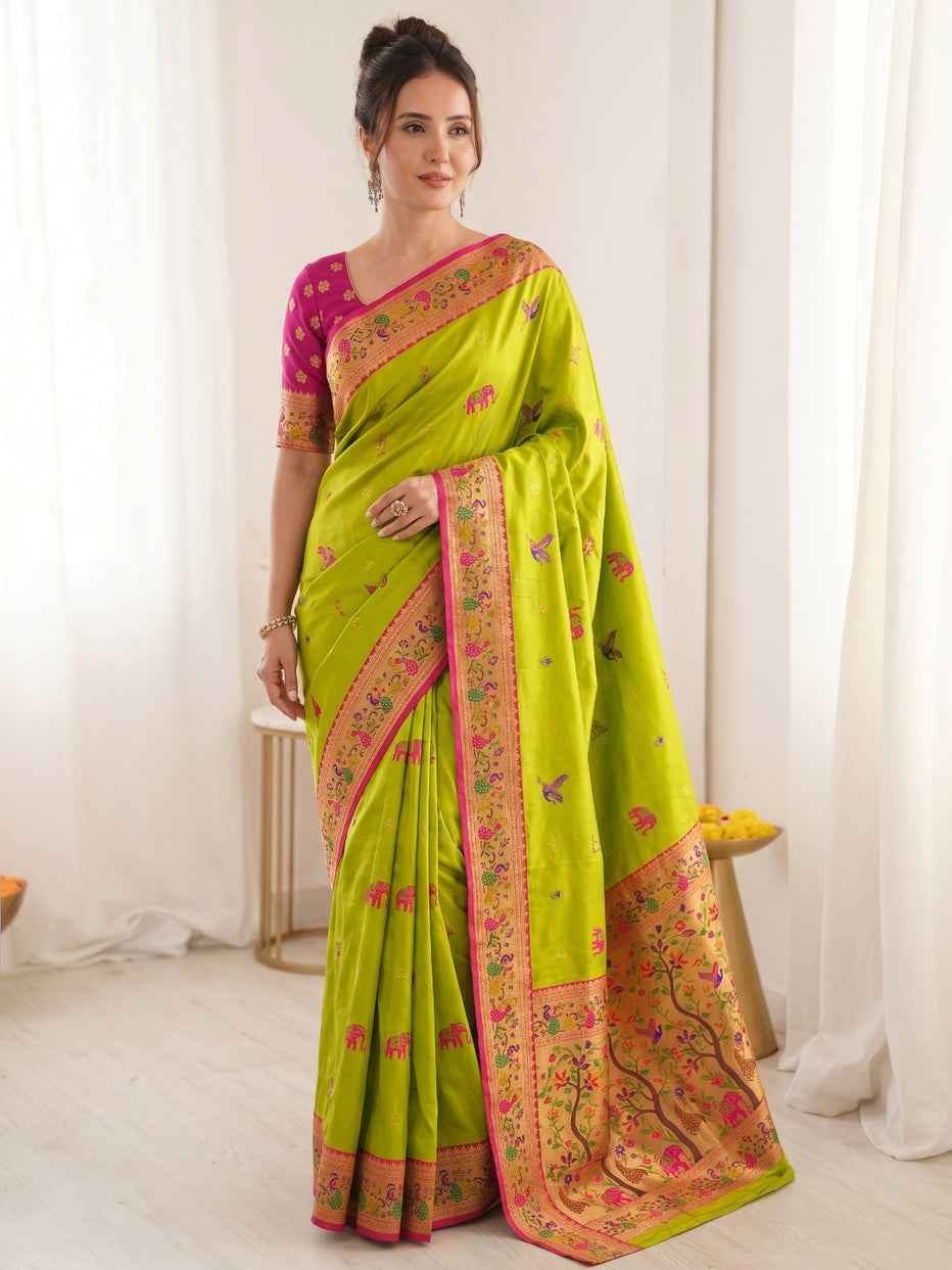 Mehendi Pure Soft Tissue Paithani Meenakari Pallu Peacock Border Soft Silk Saree