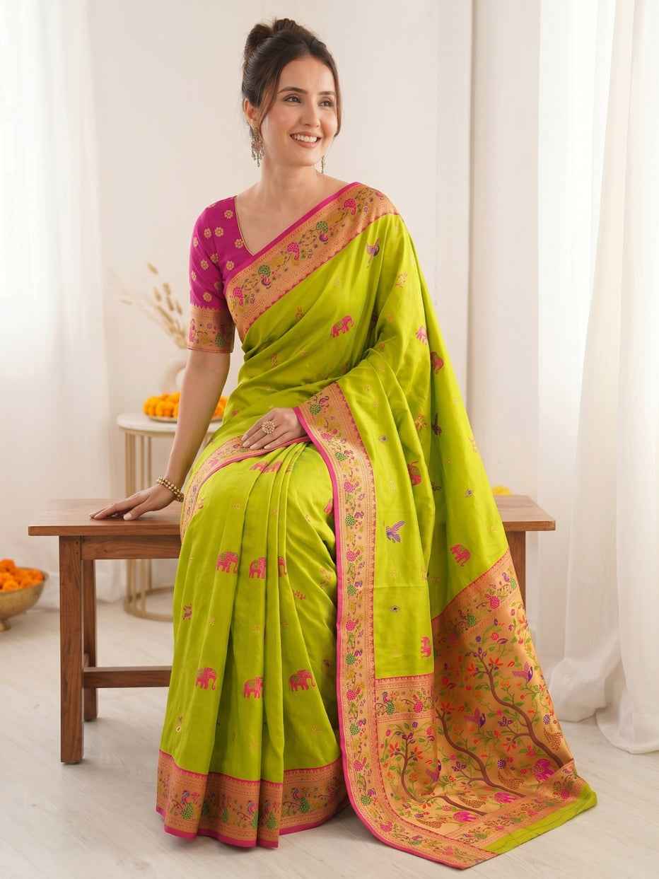 Mehendi Pure Soft Tissue Paithani Meenakari Pallu Peacock Border Soft Silk Saree