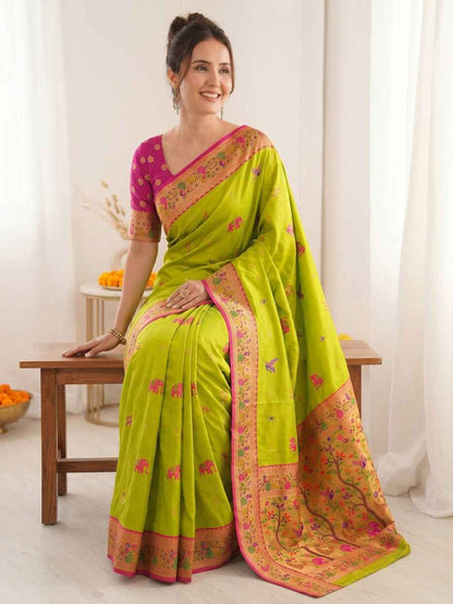 Mehendi Pure Soft Tissue Paithani Meenakari Pallu Peacock Border Soft Silk Saree
