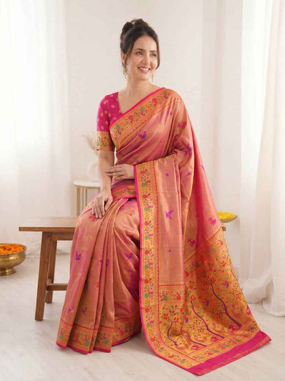 Pink Pure Soft Tissue Paithani Meenakari Pallu Peacock Border Soft Silk Saree