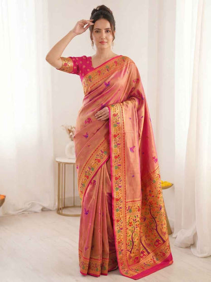Pink Pure Soft Tissue Paithani Meenakari Pallu Peacock Border Soft Silk Saree
