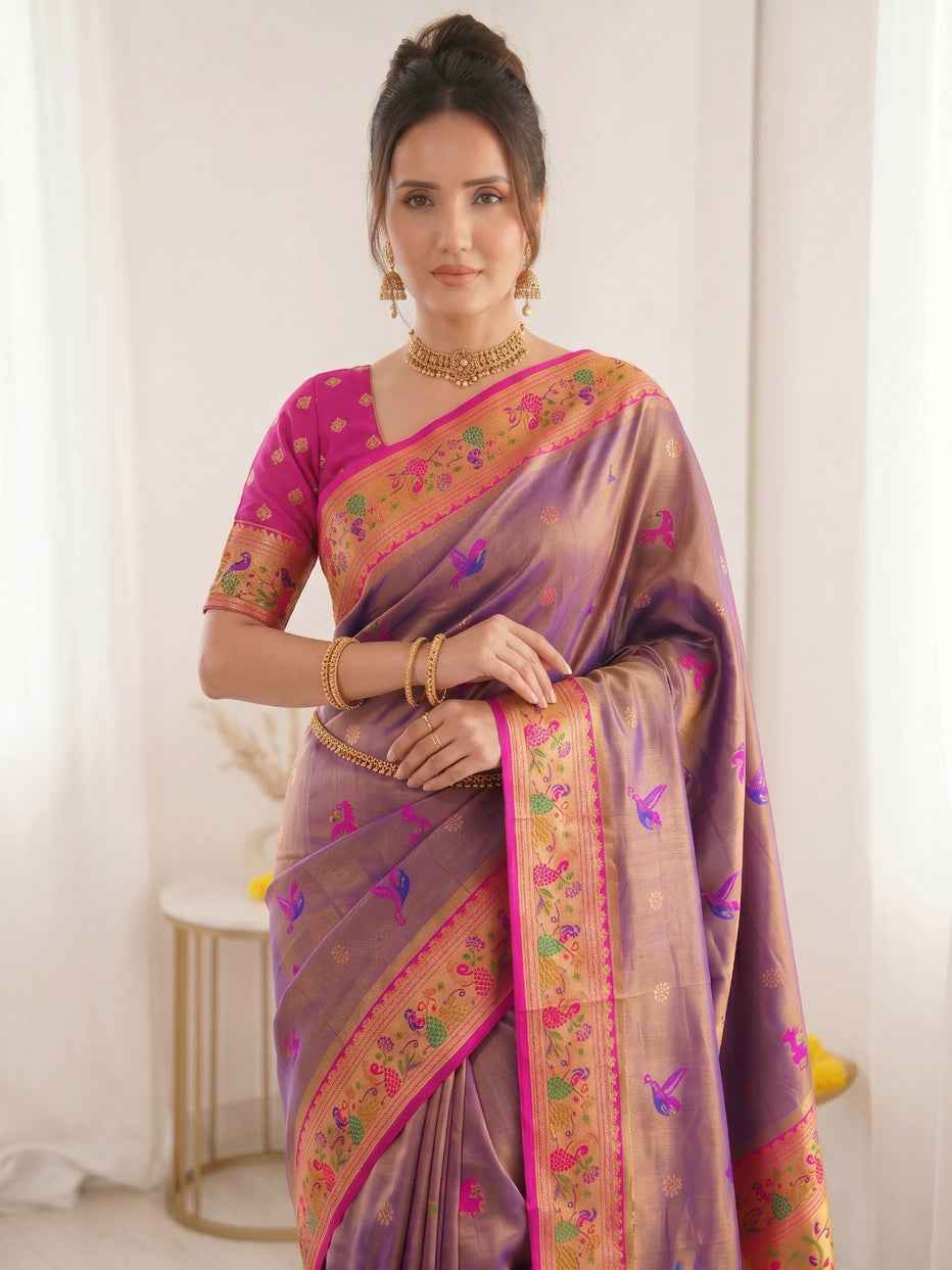 Violet Pure Soft Tissue Paithani Meenakari Pallu Peacock Border Soft Silk Saree