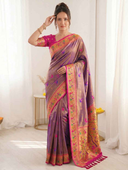 Violet Pure Soft Tissue Paithani Meenakari Pallu Peacock Border Soft Silk Saree