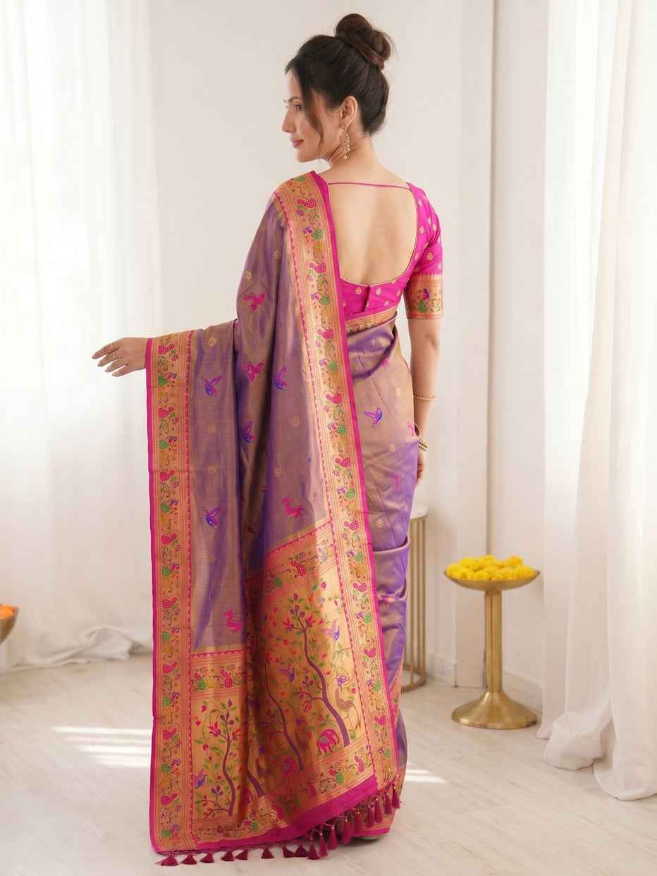 Violet Pure Soft Tissue Paithani Meenakari Pallu Peacock Border Soft Silk Saree