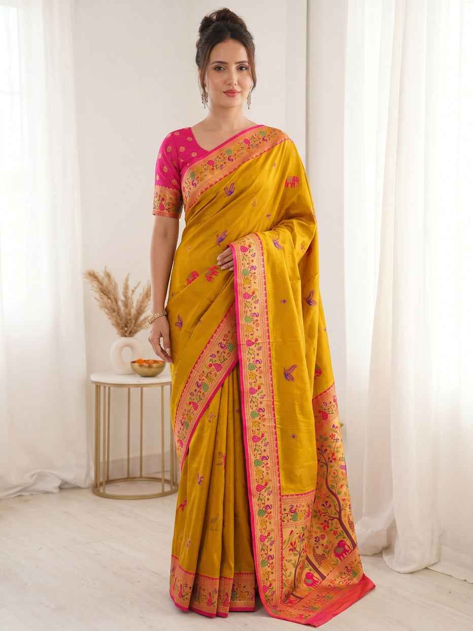 Yellow Pure Soft Tissue Paithani Meenakari Pallu Peacock Border Soft Silk Saree