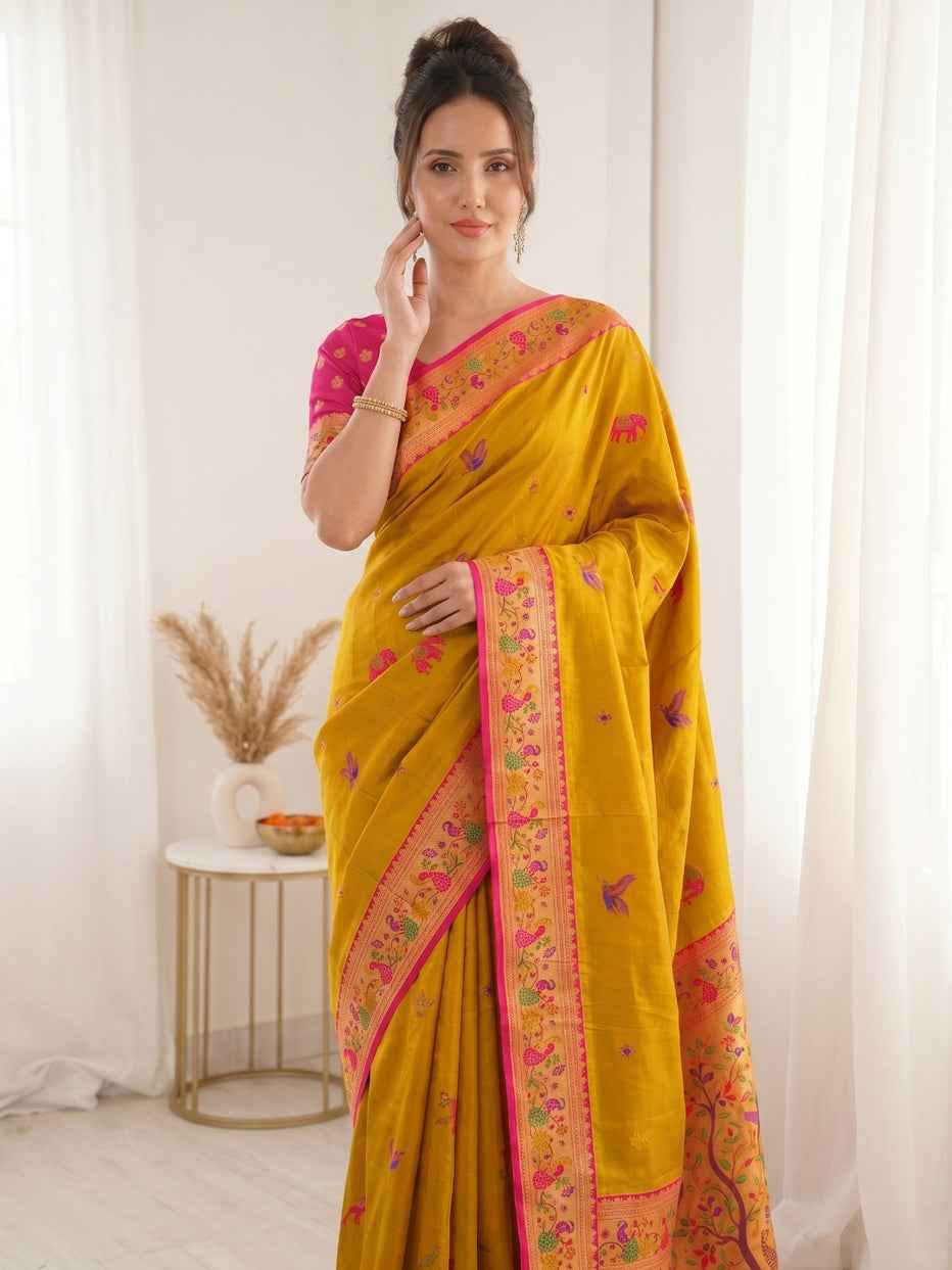 Yellow Pure Soft Tissue Paithani Meenakari Pallu Peacock Border Soft Silk Saree