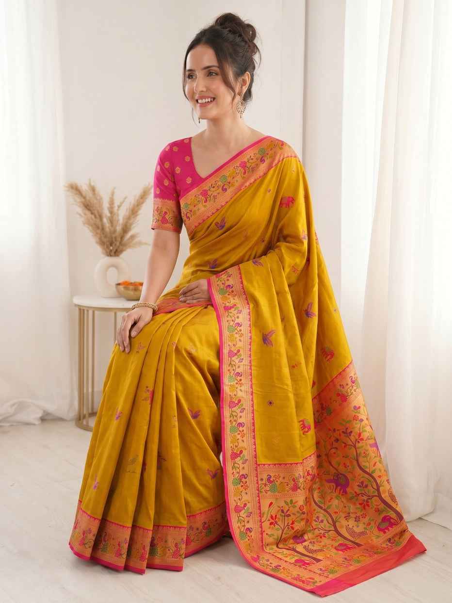 Yellow Pure Soft Tissue Paithani Meenakari Pallu Peacock Border Soft Silk Saree