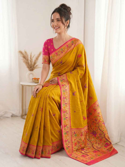 Yellow Pure Soft Tissue Paithani Meenakari Pallu Peacock Border Soft Silk Saree