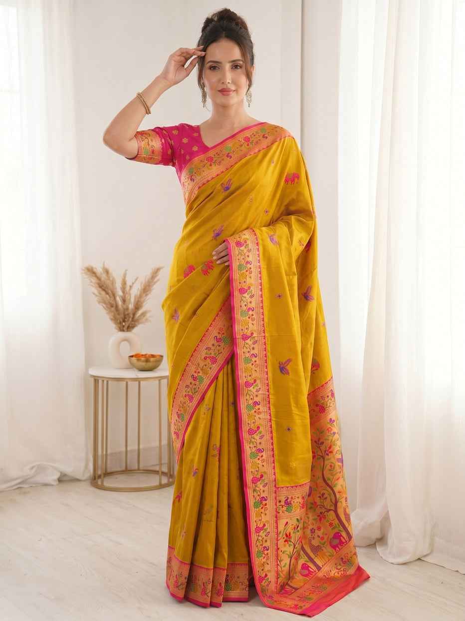 Yellow Pure Soft Tissue Paithani Meenakari Pallu Peacock Border Soft Silk Saree