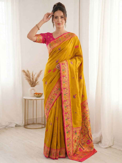 Yellow Pure Soft Tissue Paithani Meenakari Pallu Peacock Border Soft Silk Saree