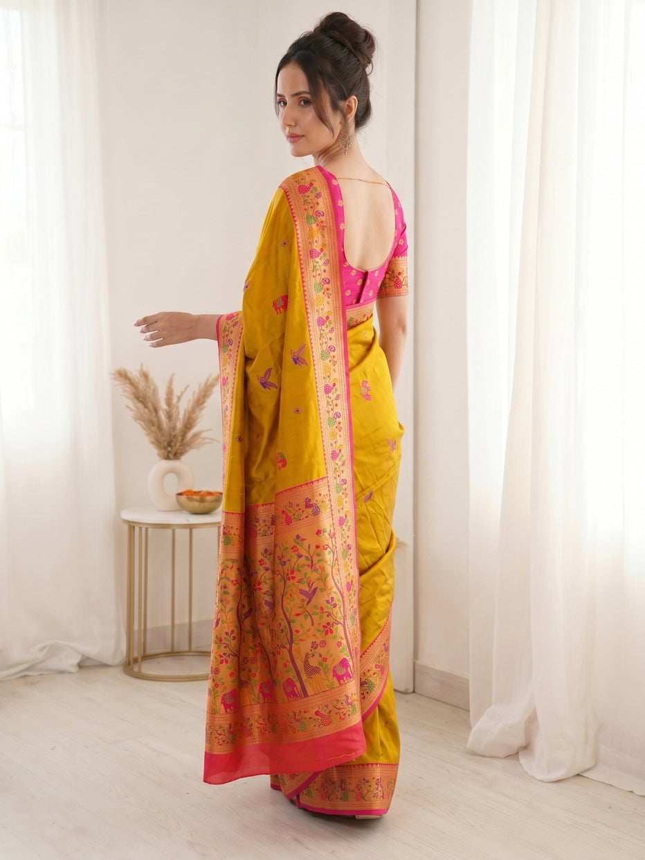 Yellow Pure Soft Tissue Paithani Meenakari Pallu Peacock Border Soft Silk Saree