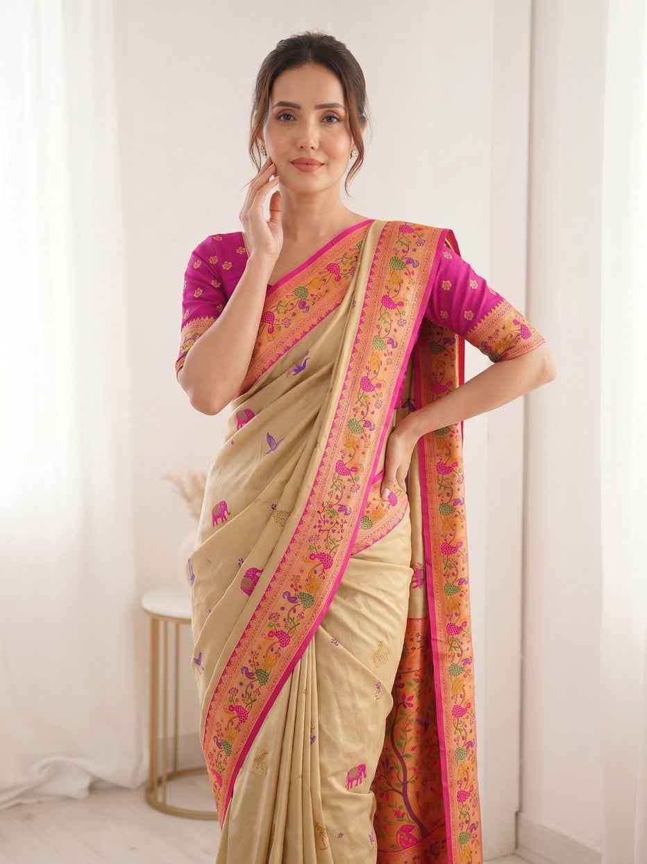 Cream Pure Soft Tissue Paithani Meenakari Pallu Peacock Border Soft Silk Saree