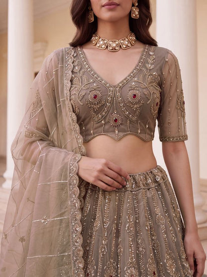 Beige Coppe Pure  Fendi Tussaud Silk Crystal Beads work Multi Thread Dori and Sequins Work Sequins Work Bridal Lehenga Choli
