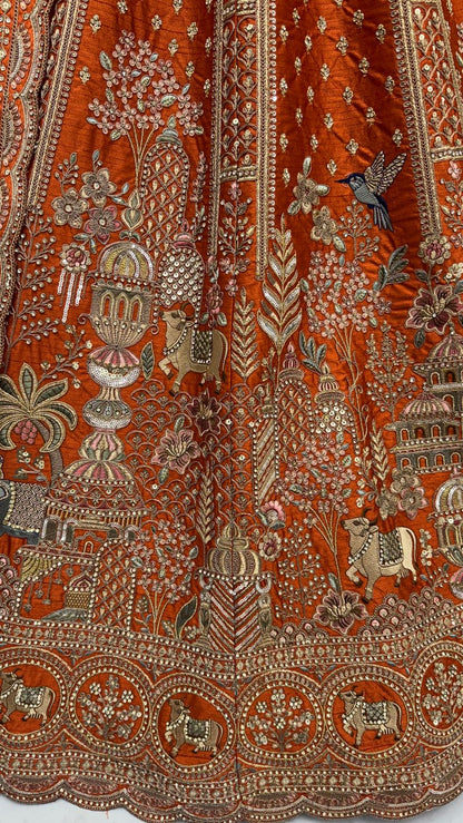 Orange Pure Soft Gadwal Silk Heavy Embroidery Work Bridal Lehenga 