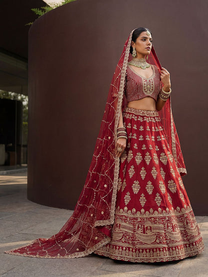 Red Pure Soft Heavy Silk Sequins Embroidery Work Bridal Lehenga 