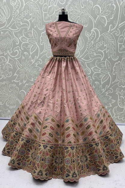 Pink Pure Slubb Silk Premium Dori Embroidery Sequins &amp; Diamond Work Bridal Lehenga Choli