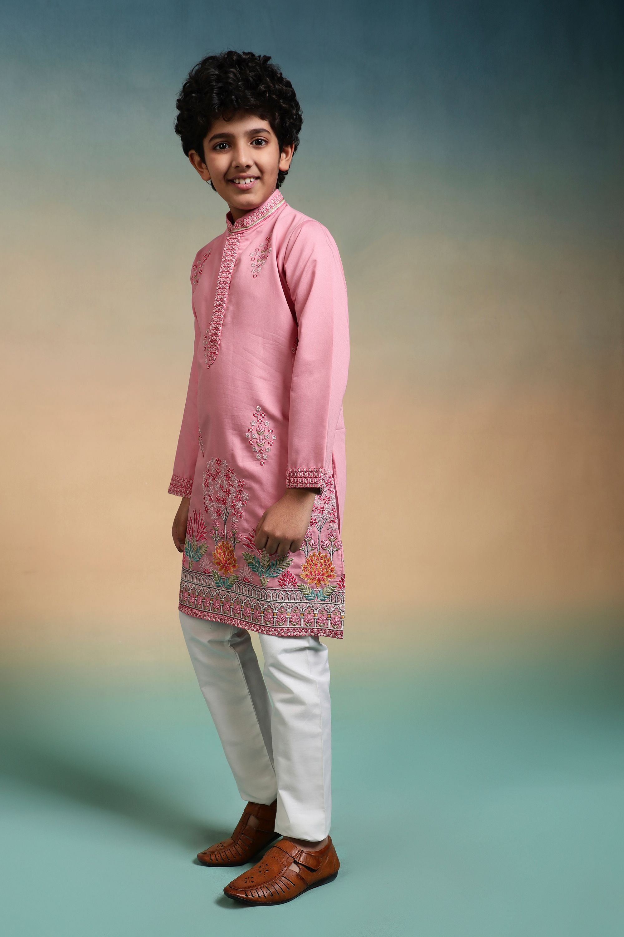 Pink Pure Viscose Silk Kids Boy Kurta Pajama