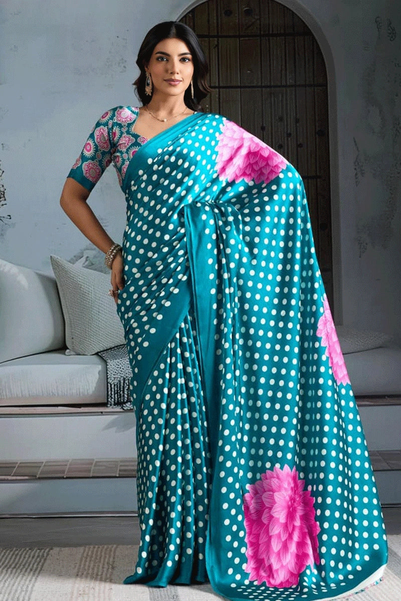 Sky Pure Modal Satin Ajrakh Print Satin Saree Japan Satin Saree Anant Tex Exports Pvt.Ltd..