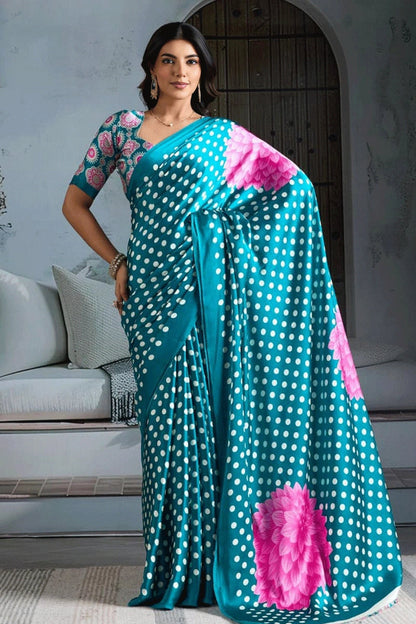 Sky Pure Modal Satin Ajrakh Print Satin Saree Japan Satin Saree Anant Tex Exports Pvt.Ltd..