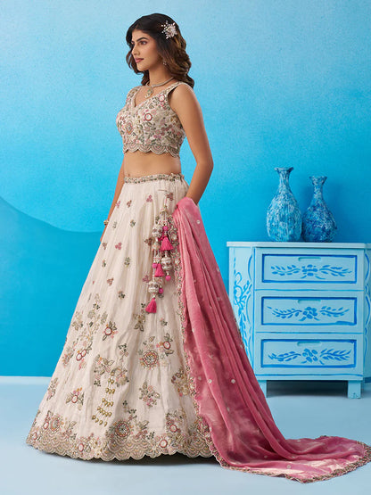 Cream &amp; Pink Lehenga Choli with Embroidered Dupatta