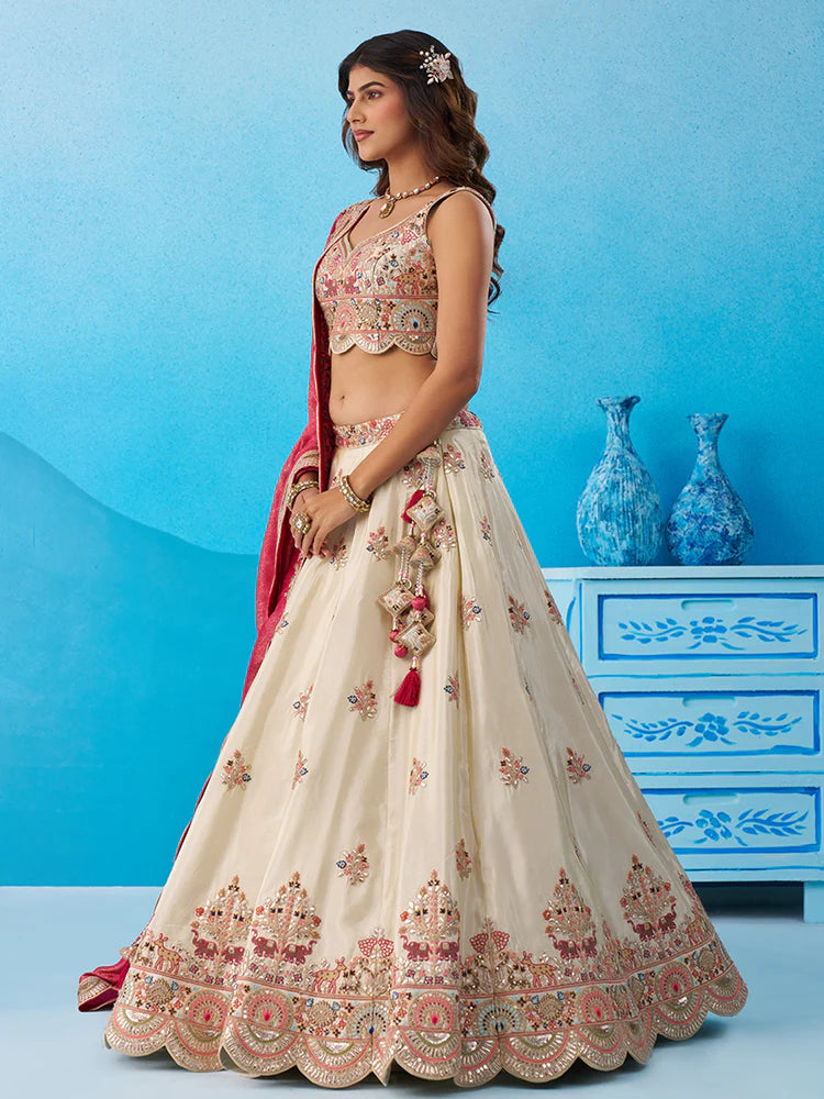 Cream Tissue Lehenga Choli with Rani Dupatta