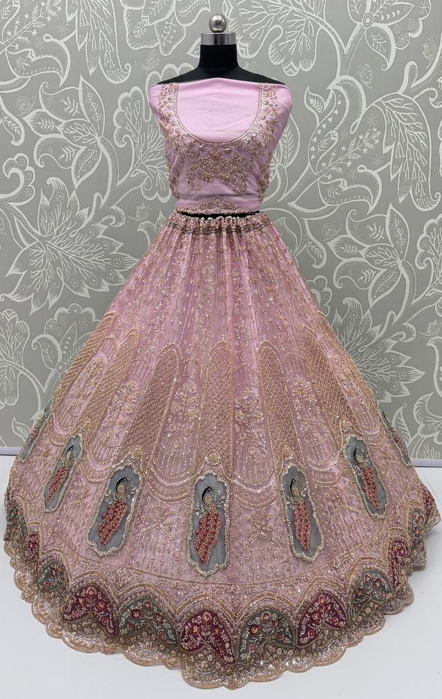 Pink Pure Heavy Net Motif Handwork Zari Sequins Work Bridal Lehenga Choli