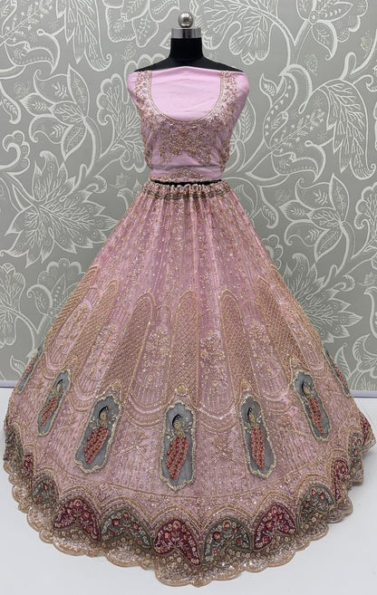 Pink Pure Heavy Net Motif Handwork Zari Sequins Work Bridal Lehenga Choli