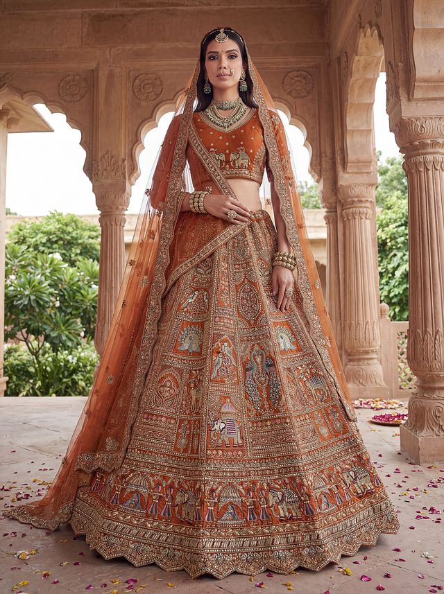 Orange Pure Soft Gadwal Silk Heavy Embroidery Work Bridal Lehenga 