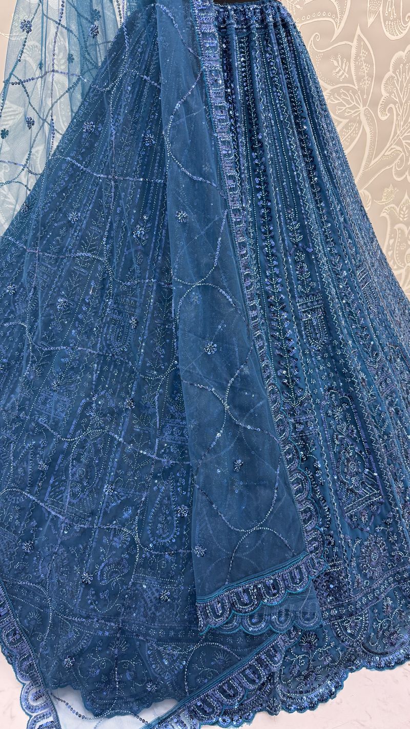 Blue Pure Soft Net Heavy Embroidery Work Bridal Lehenga 