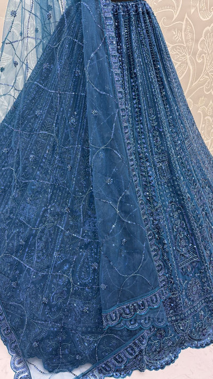 Blue Pure Soft Net Heavy Embroidery Work Bridal Lehenga 