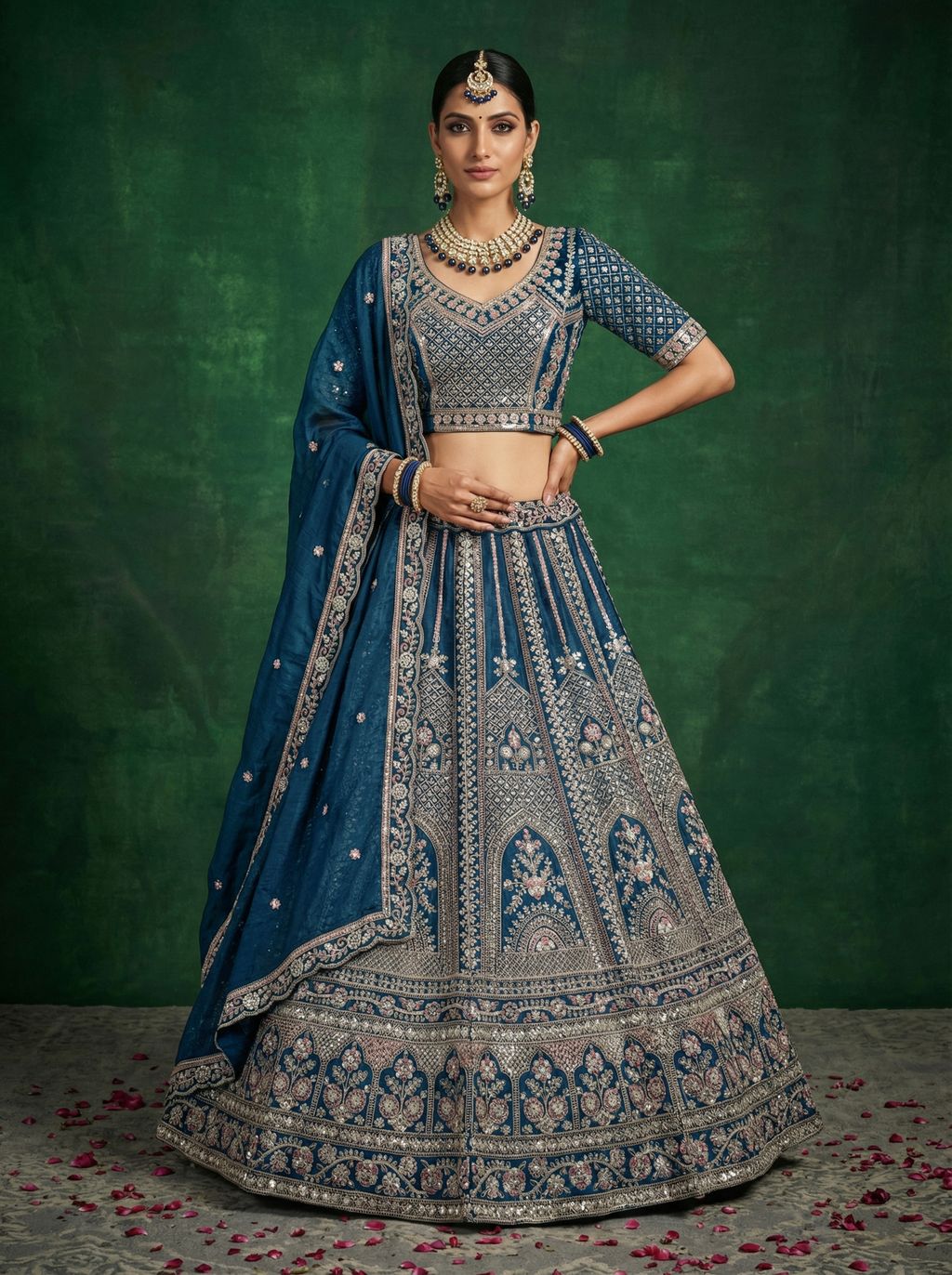 Midnight Blue Pure Soft Satin Silk Heavy Embroidery Work Bridal Lehenga