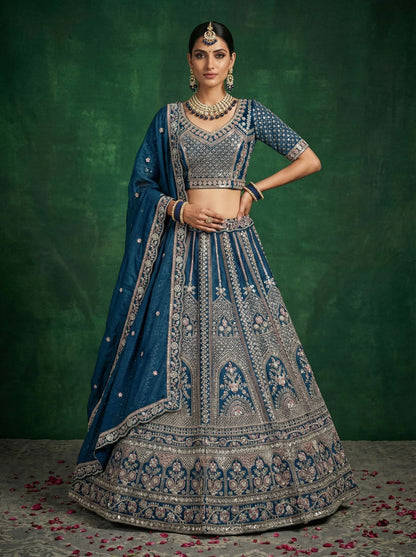 Midnight Blue Pure Soft Satin Silk Heavy Embroidery Work Bridal Lehenga