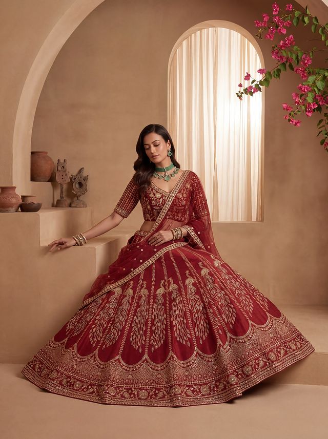 Red Pure Soft Heavy Net Sequins Embroidery Work Bridal Lehenga Choli 