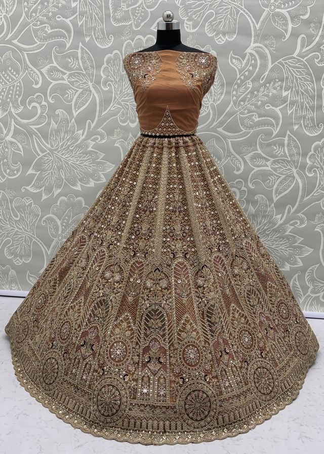 Orange Pure Soft Heavy Net Sequins Embroidery Work Bridal Lehenga 