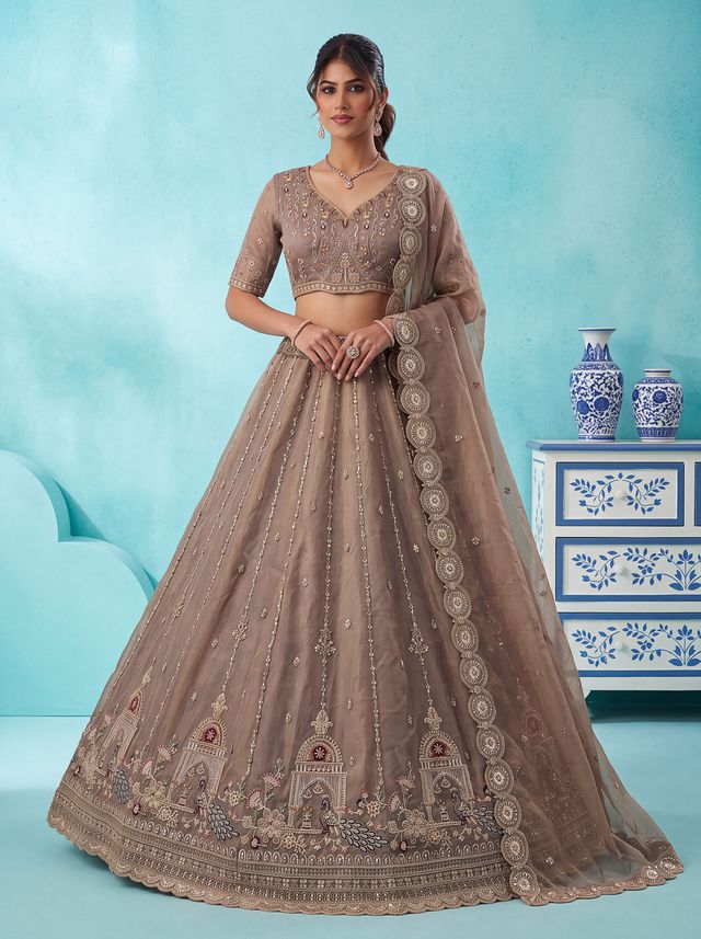 Light Brown Pure Chandnia Silk Handwork Motif Peacock Pattern Crystal Beads Multi Thread Dori &amp; Sequins Work Bridal Lehenga Choli