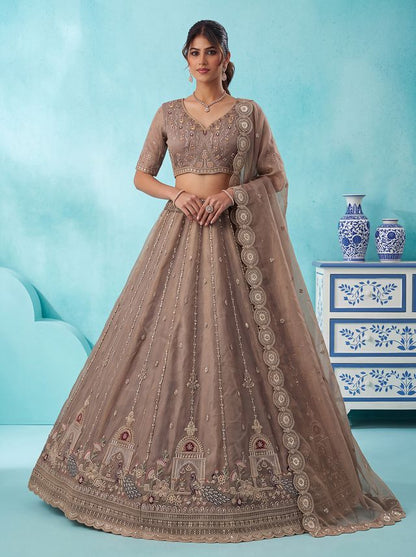 Light Brown Pure Chandnia Silk Handwork Motif Peacock Pattern Crystal Beads Multi Thread Dori &amp; Sequins Work Bridal Lehenga Choli