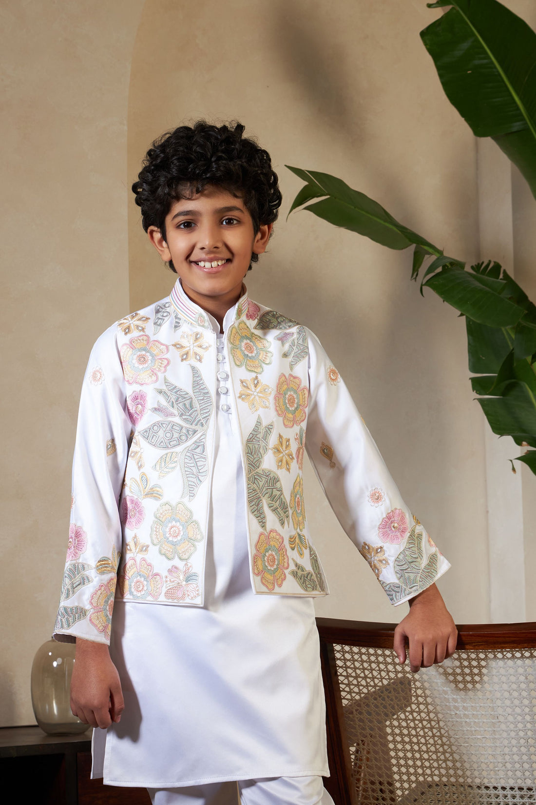 White Pure Satin Silk Kids Boy Kurta Pajama With Koti Jacket 