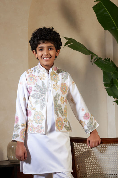White Pure Satin Silk Kids Boy Kurta Pajama With Koti Jacket 