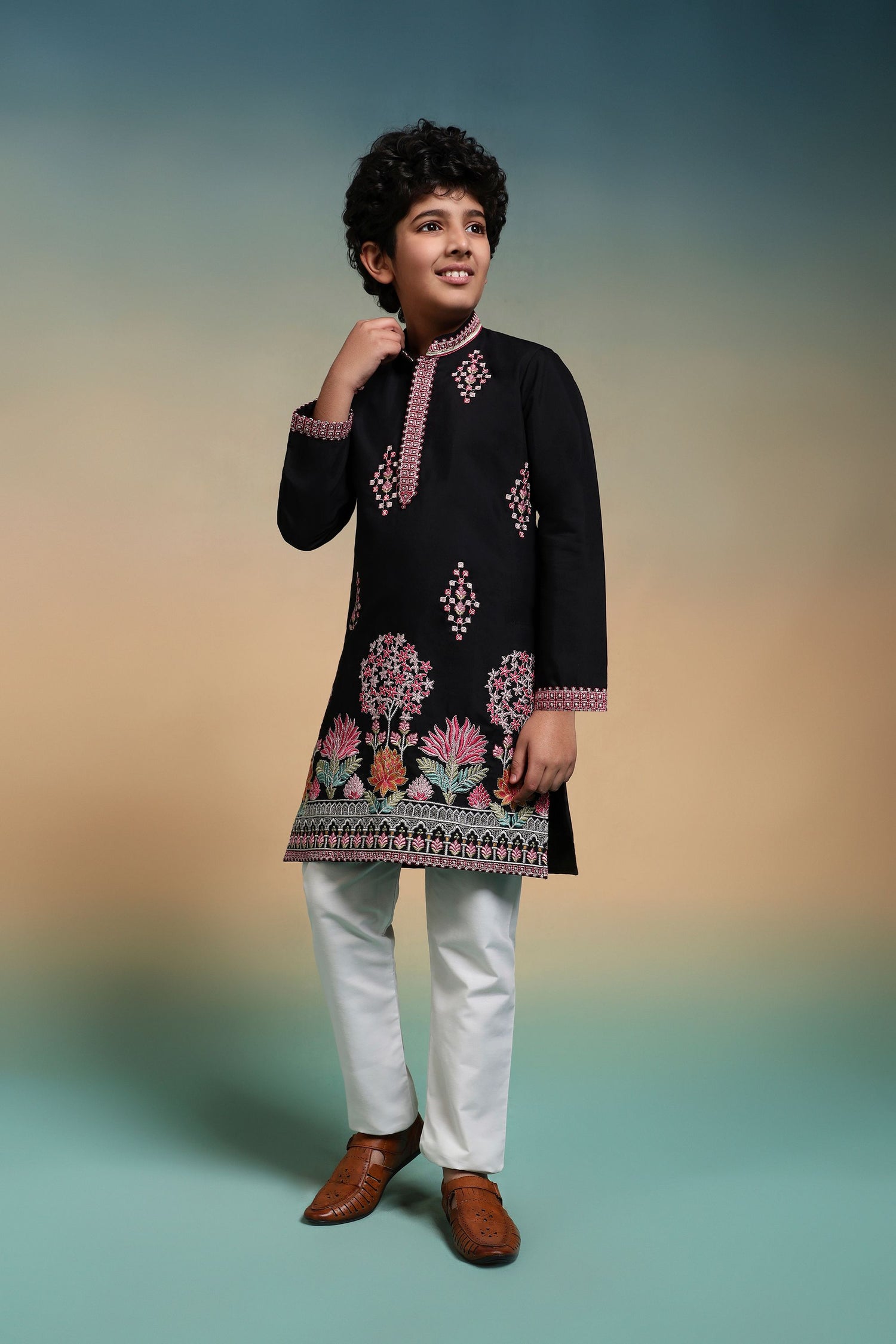 Black Pure Viscose Silk Kids Boy Kurta Pajama