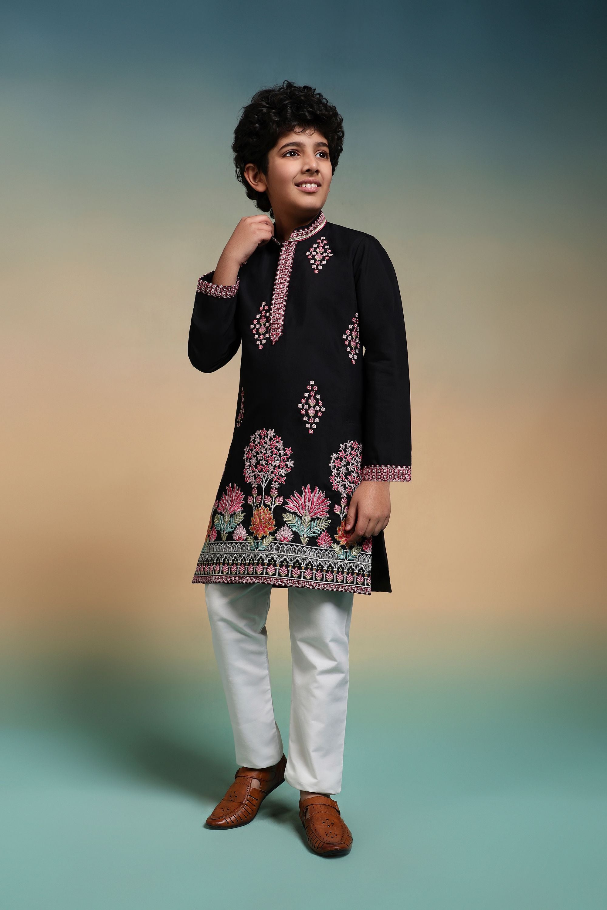 Black Pure Viscose Silk Kids Boy Kurta Pajama