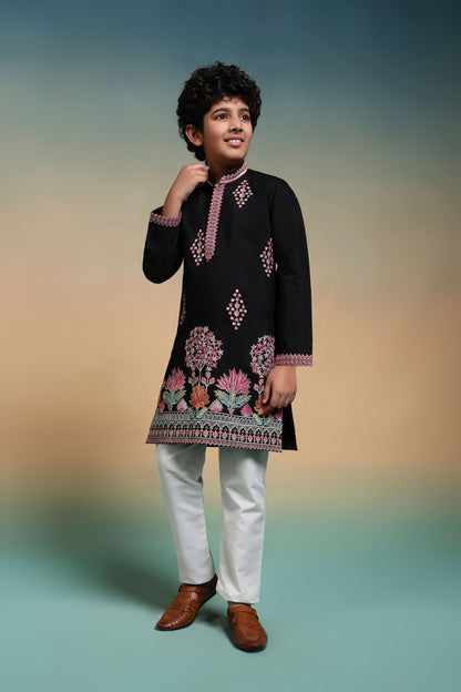 Black Pure Viscose Silk Kids Boy Kurta Pajama