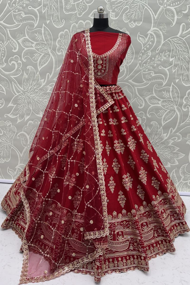 Red Pure Soft Heavy Silk Sequins Embroidery Work Bridal Lehenga 